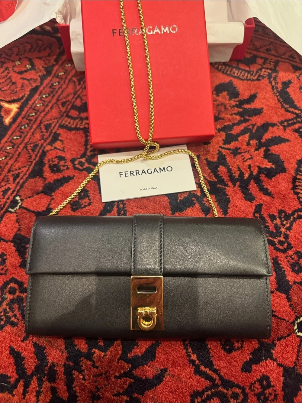 Salvatore Ferragamo Black Leather Wallet with Gold-Tone Clasp